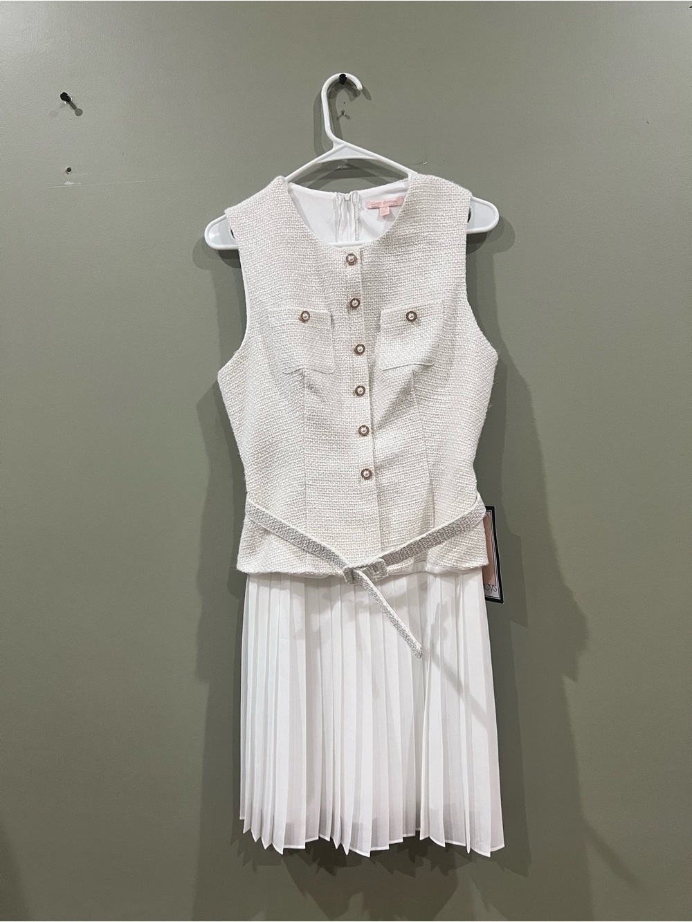 City Studios White Textured Midi Dress with Pleated Skirt
